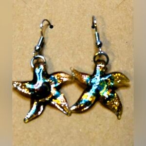 Starfish French Wires Earrings acrylic gold and turquoise glitter